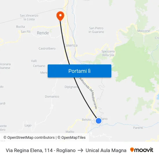 Via Regina Elena, 114 - Rogliano to Unical Aula Magna map