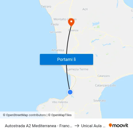 Autostrada A2 Mediterranea - Francavilla Angitola to Unical Aula Magna map