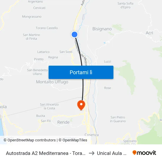 Autostrada A2 Mediterranea - Torano Castello to Unical Aula Magna map