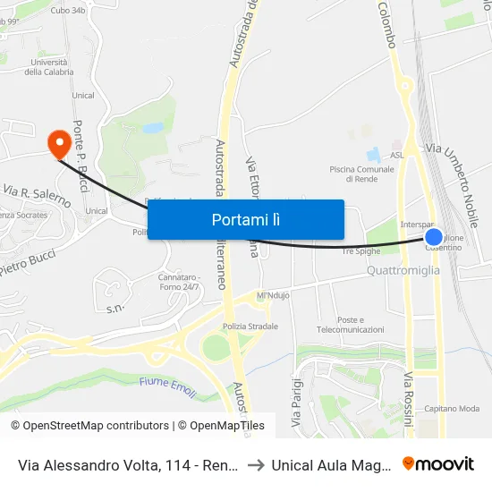 Via Alessandro Volta, 114 - Rende to Unical Aula Magna map