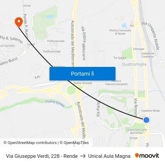 Via Giuseppe Verdi, 228 - Rende to Unical Aula Magna map