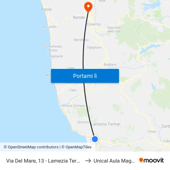 Via Del Mare, 13 - Lamezia Terme to Unical Aula Magna map