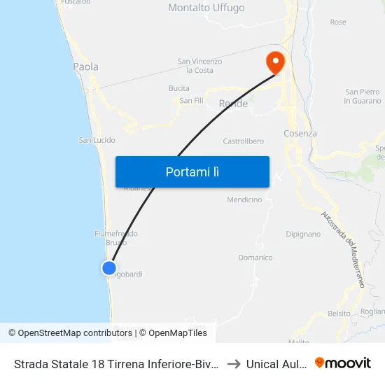 Strada Statale 18 Tirrena Inferiore-Bivio Stazione - Longobardi to Unical Aula Magna map