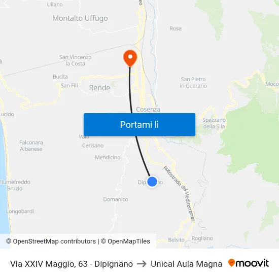 Via XXIV Maggio, 63 - Dipignano to Unical Aula Magna map