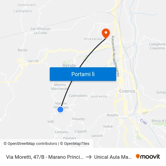 Via Moretti, 47/B - Marano Principato to Unical Aula Magna map