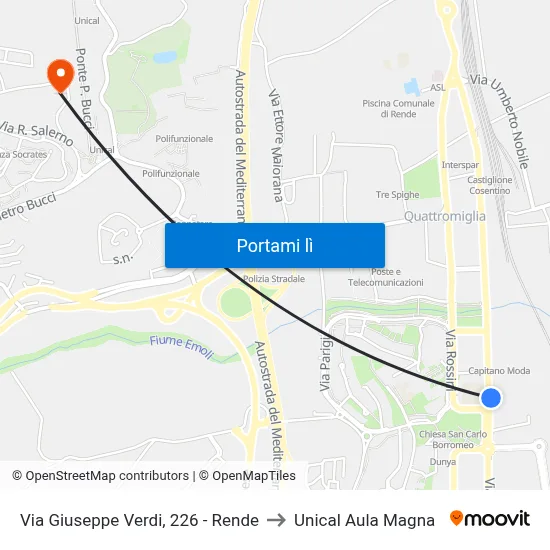 Via Giuseppe Verdi, 226 - Rende to Unical Aula Magna map