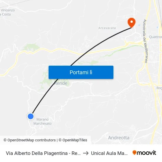 Via Alberto Della Piagentina - Rende to Unical Aula Magna map