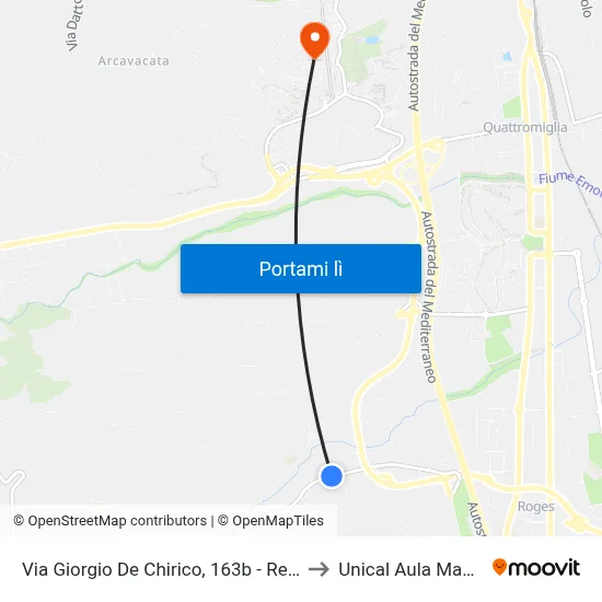 Via Giorgio De Chirico, 163b - Rende to Unical Aula Magna map