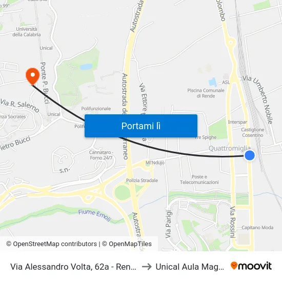 Via Alessandro Volta, 62a - Rende to Unical Aula Magna map