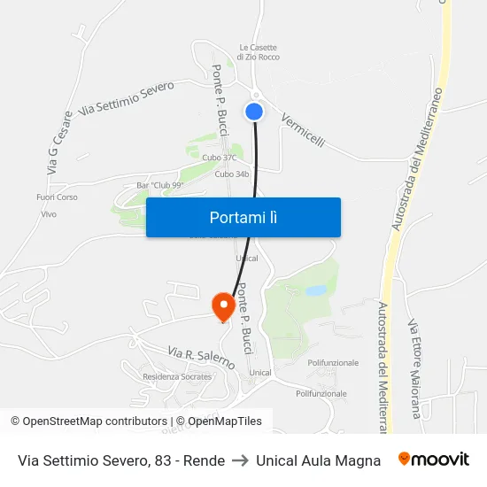 Via Settimio Severo, 83 - Rende to Unical Aula Magna map