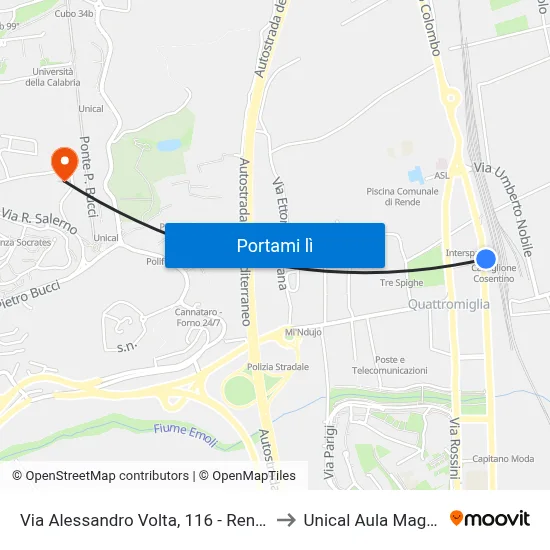 Via Alessandro Volta, 116 - Rende to Unical Aula Magna map