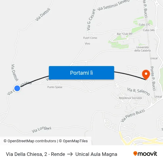 Via Della Chiesa, 2 - Rende to Unical Aula Magna map