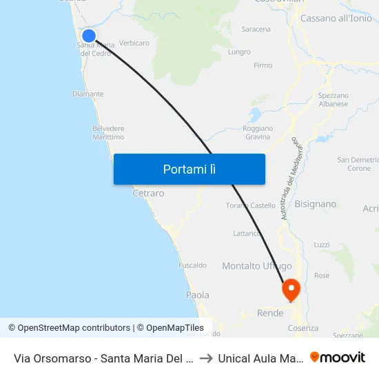 Via Orsomarso - Santa Maria Del Cedro to Unical Aula Magna map
