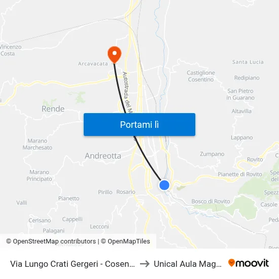 Via Lungo Crati Gergeri - Cosenza to Unical Aula Magna map