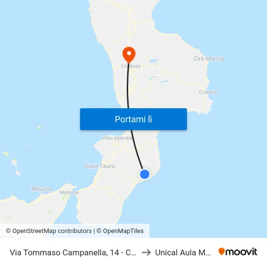 Via Tommaso Campanella, 14 - Caulonia to Unical Aula Magna map