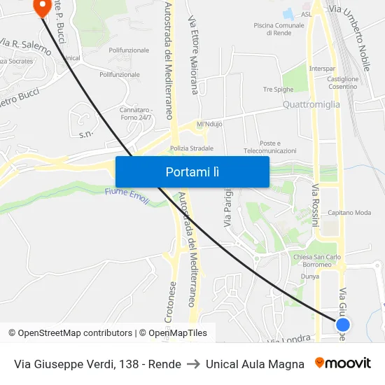 Via Giuseppe Verdi, 138 - Rende to Unical Aula Magna map