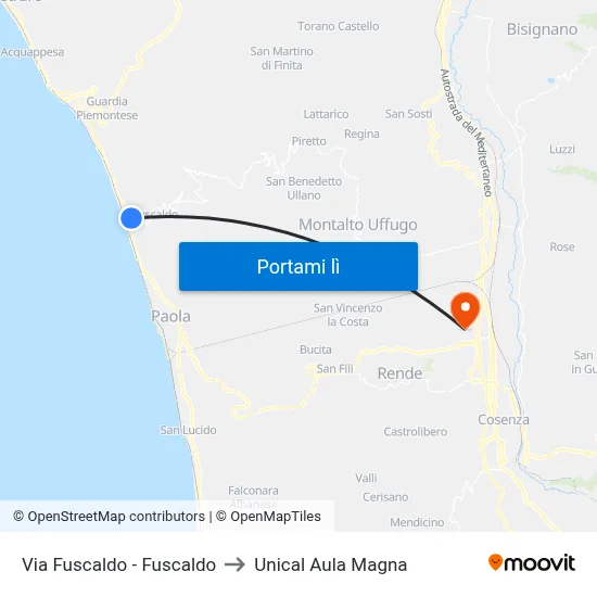 Via Fuscaldo - Fuscaldo to Unical Aula Magna map