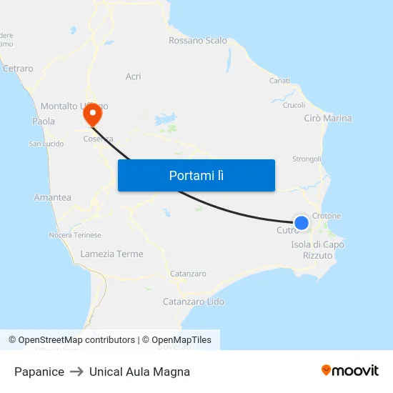 Papanice to Unical Aula Magna map