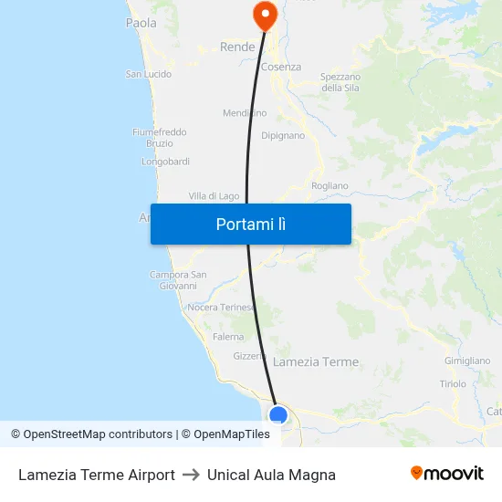 Lamezia Terme Airport to Unical Aula Magna map