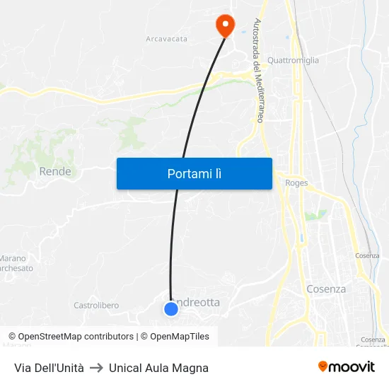 Via Dell'Unità to Unical Aula Magna map