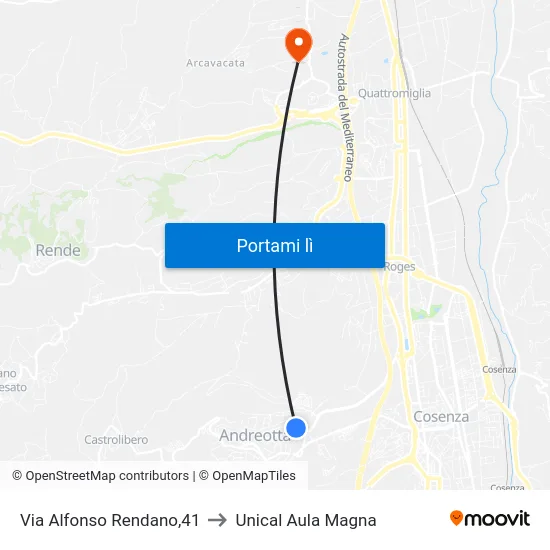Via Alfonso Rendano,41 to Unical Aula Magna map