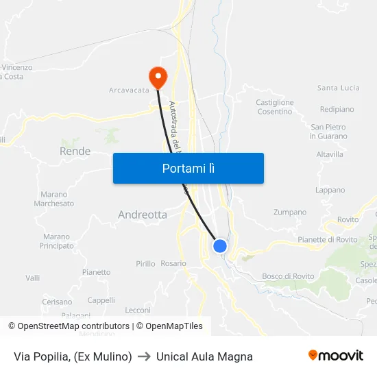 Via Popilia, (Ex Mulino) to Unical Aula Magna map