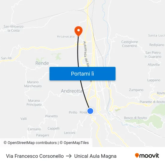Via Francesco Corsonello to Unical Aula Magna map
