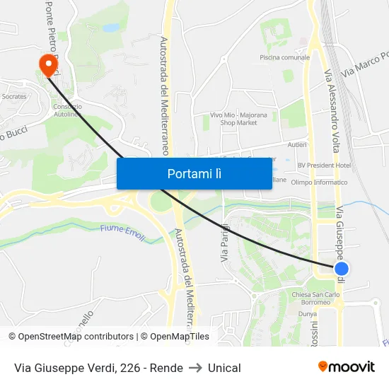 Via Giuseppe Verdi, 226 - Rende to Unical map