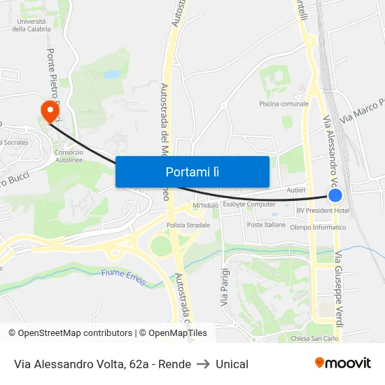 Via Alessandro Volta, 62a - Rende to Unical map