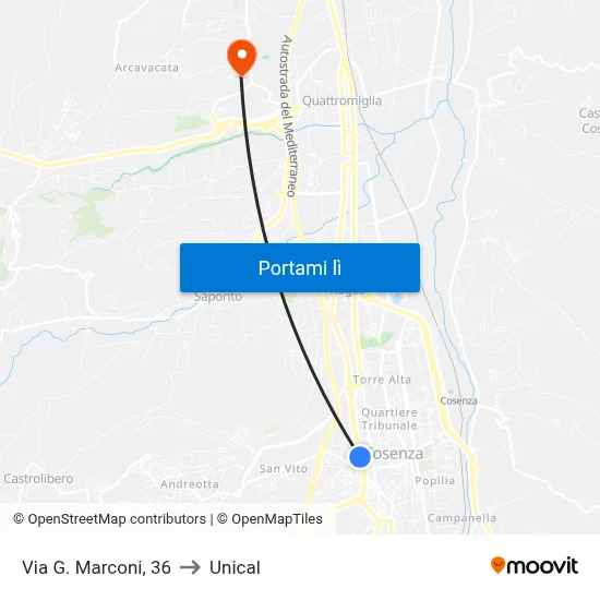 Via G. Marconi, 36 to Unical map