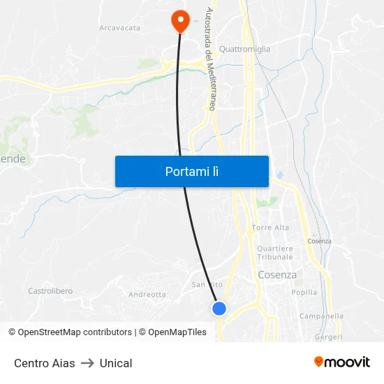 Centro Aias to Unical map