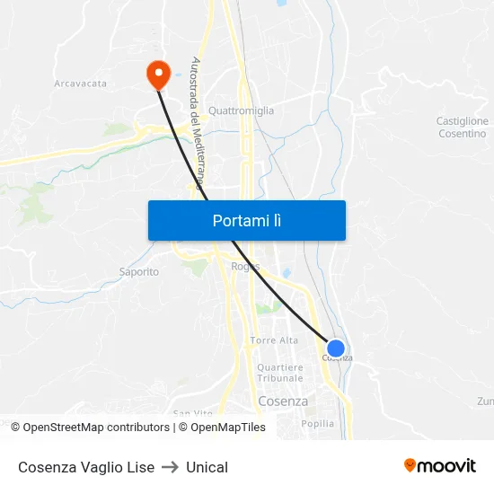 Cosenza Vaglio Lise to Unical map
