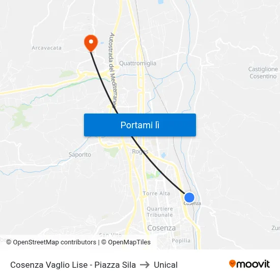 Cosenza Vaglio Lise - Piazza Sila to Unical map