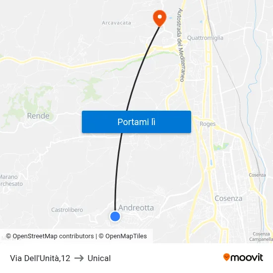 Via Dell'Unità,12 to Unical map