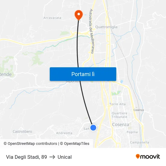 Via Degli Stadi, 89 to Unical map