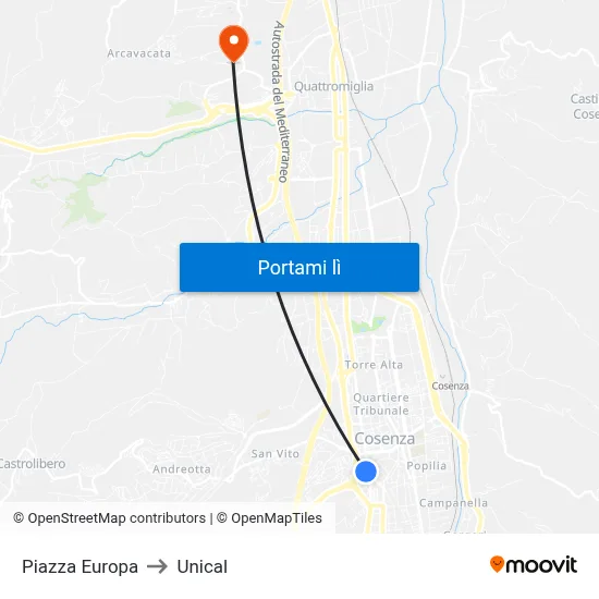 Piazza Europa to Unical map