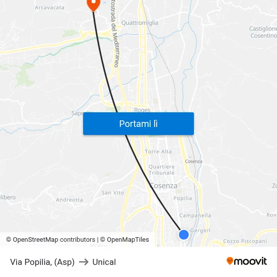 Via Popilia, (Asp) to Unical map