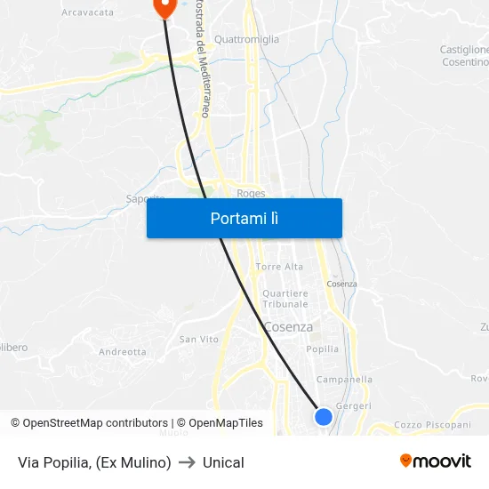 Via Popilia, (Ex Mulino) to Unical map