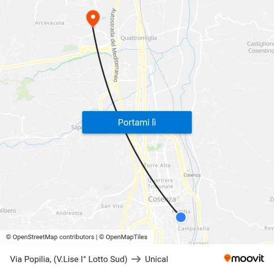 Via Popilia, (V.Lise I° Lotto Sud) to Unical map