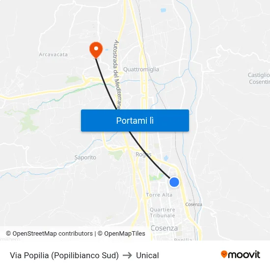 Via Popilia (Popilibianco Sud) to Unical map