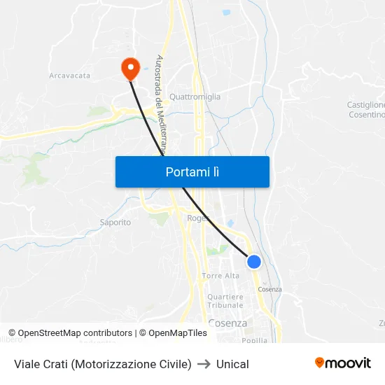 Viale Crati (Motorizzazione Civile) to Unical map