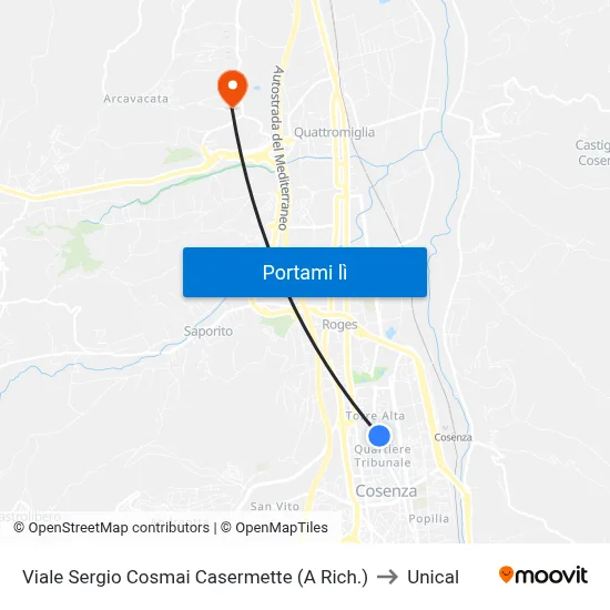 Viale Sergio Cosmai Casermette (A Rich.) to Unical map
