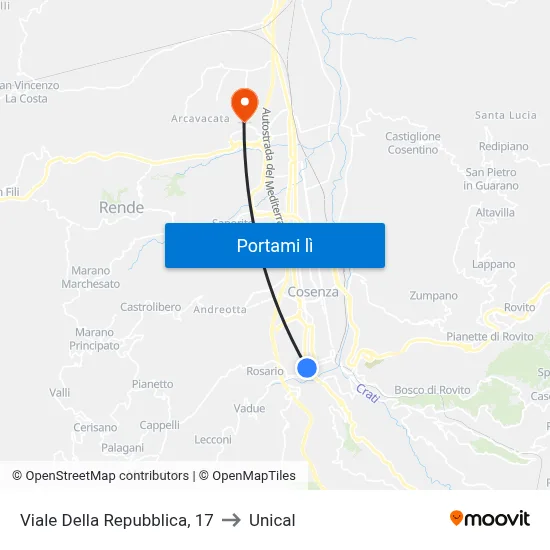 Viale Della Repubblica, 17 to Unical map