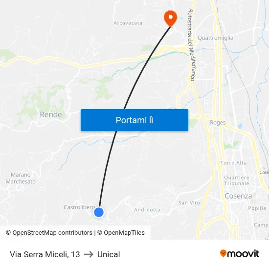 Via Serra Miceli, 13 to Unical map