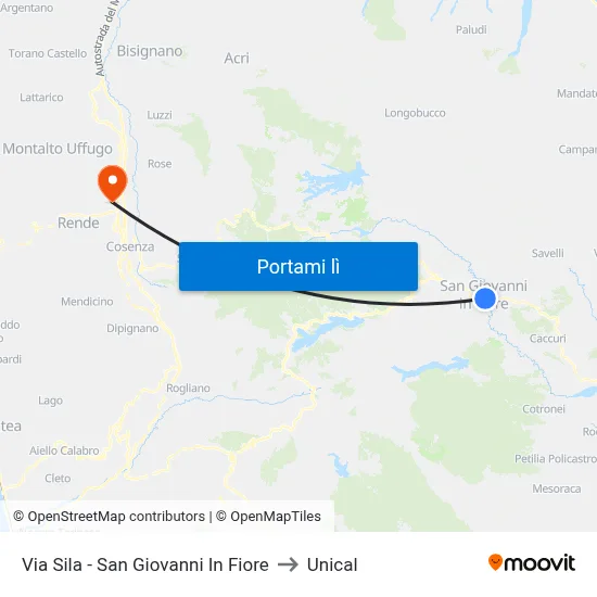 Via Sila - San Giovanni In Fiore to Unical map