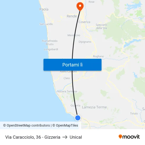 Via Caracciolo, 36 - Gizzeria to Unical map