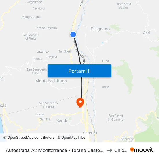 Autostrada A2 Mediterranea - Torano Castello to Unical map