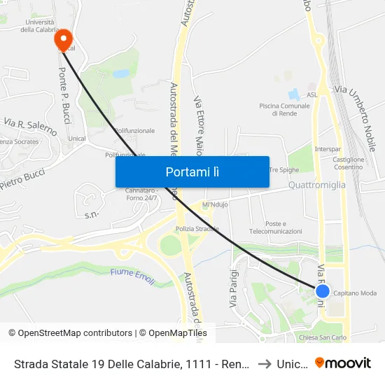 Strada Statale 19 Delle Calabrie, 1111 - Rende to Unical map
