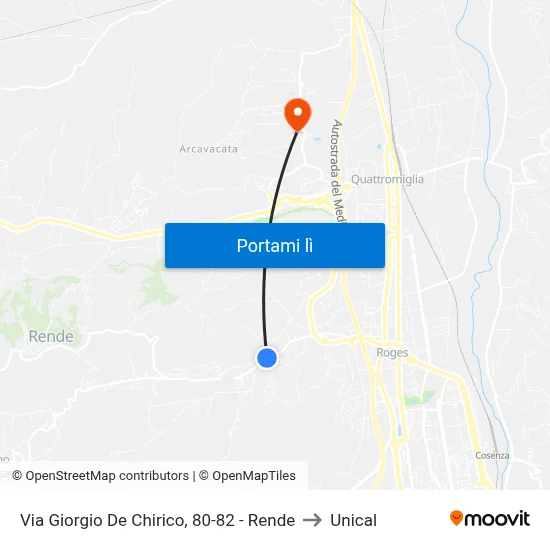 Via Giorgio De Chirico, 80-82 - Rende to Unical map