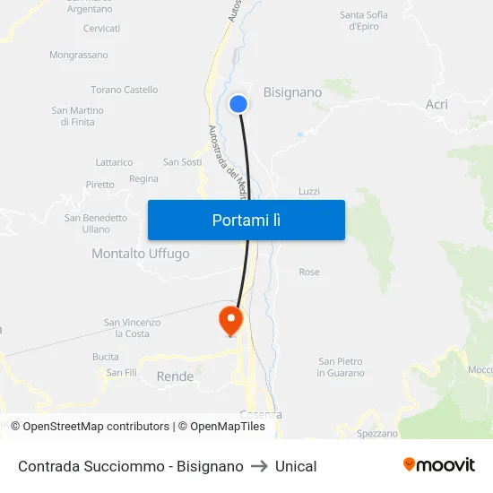 Contrada Succiommo - Bisignano to Unical map